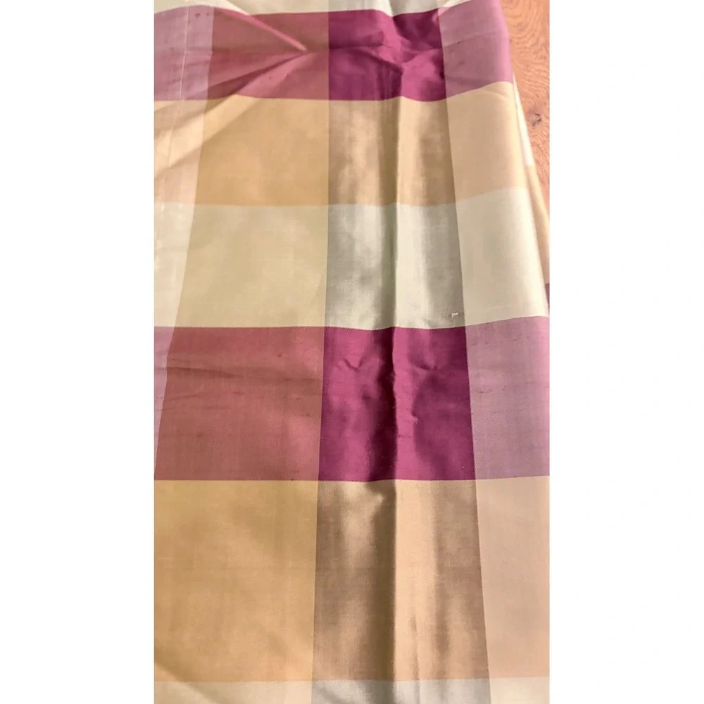 Pair Silk Plaid Drapery Panels Bronze Maroon Gold Cotton Lined 42x82